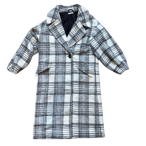 Dex Black and Cream White Plaid Trench Pea Coat Size M Cozy Winter